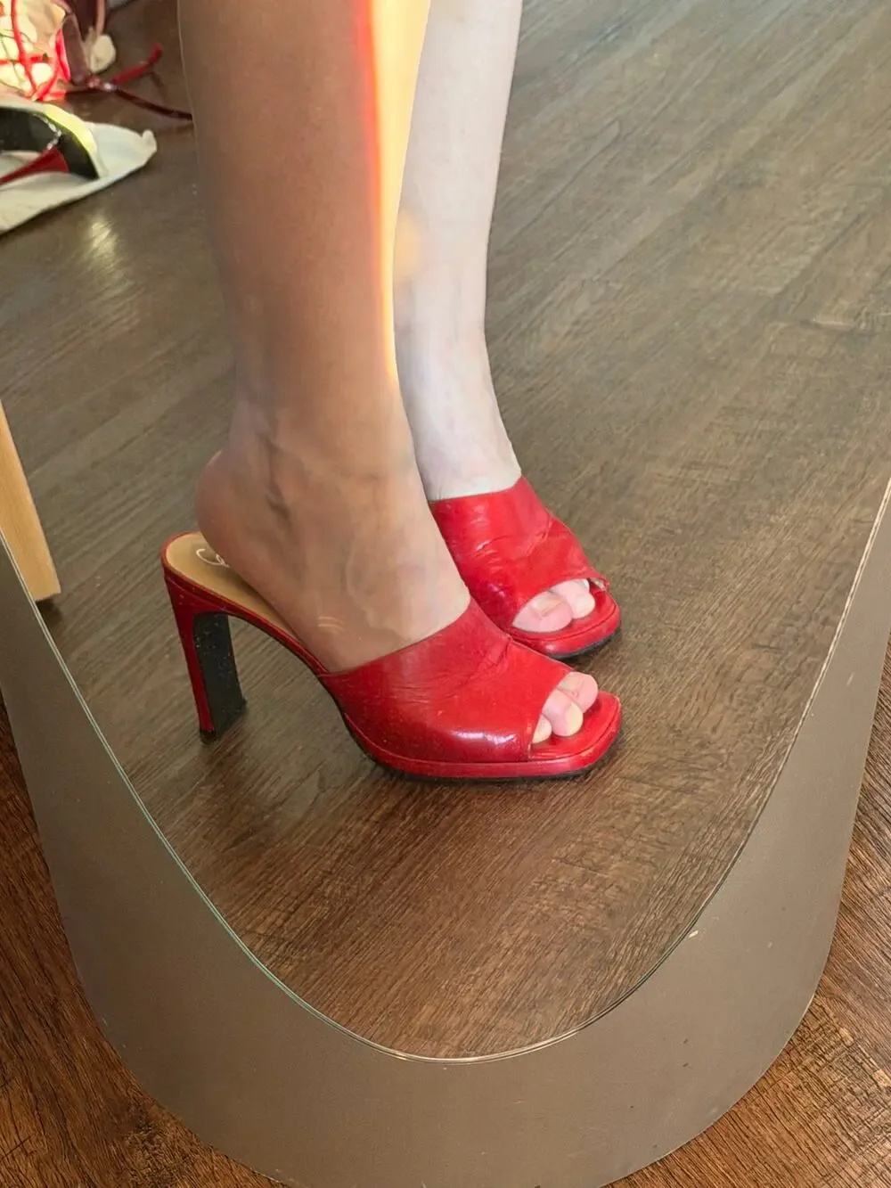 Vintage David Aaron Red Leather Slide Mule Heels Y2K Open Toe Pumps Size 8